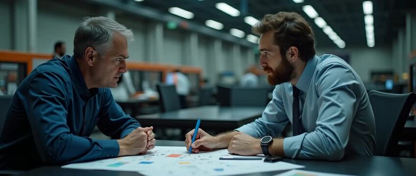 Two businessmen engage in a focused discussion over documents in a modern office setting; the camera slowly pans as ambient light flickers subtly, capturing a cinematic, professional atmosphere.