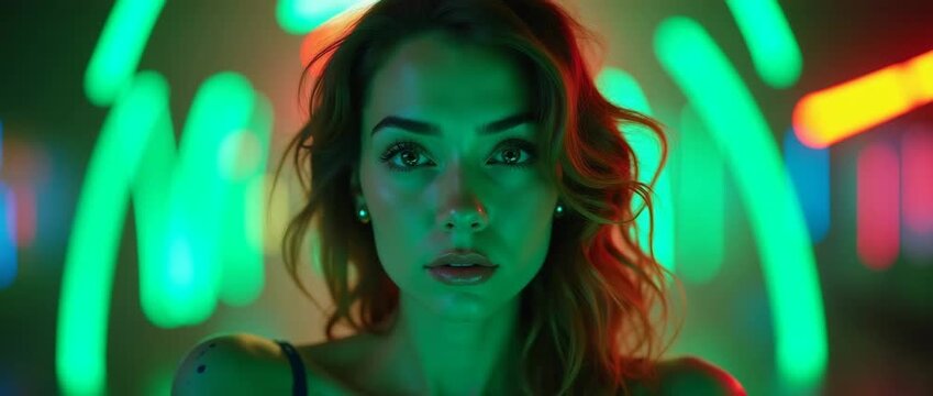 Vibrant nightclub scene with a young woman gazing intently at the camera; neon lights flicker softly around her as the camera gently pans, capturing the cinematic nightlife ambiance.