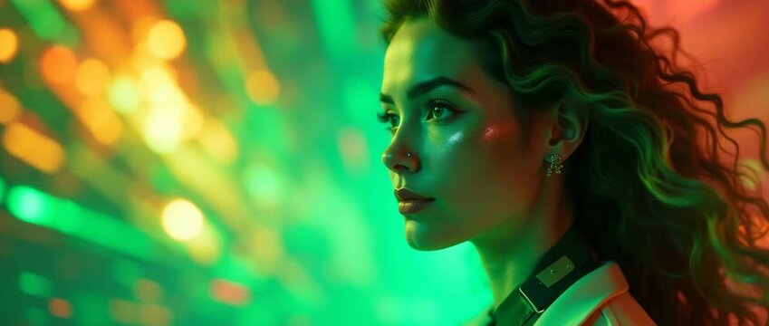 Cinematic profile shot of a confident woman with flowing hair as colorful lights gently flicker around her, captured with a slow pan against a vibrant, dreamy background.