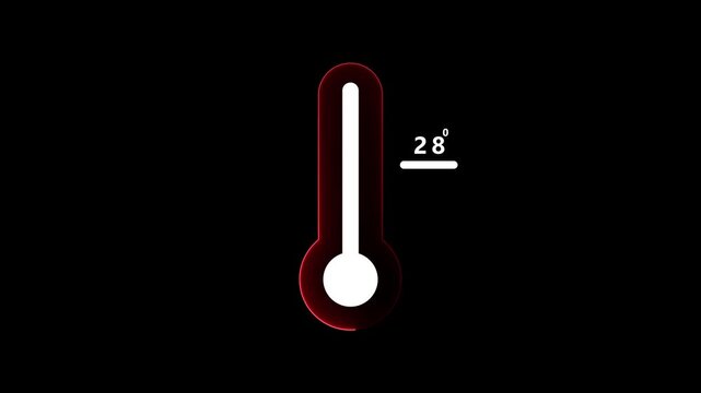 A minimalist digital thermometer with a vibrant red glowing outline a temperature reading of 28 degrees Celsius against a deep black background, indicating rising heat or a warm climate
