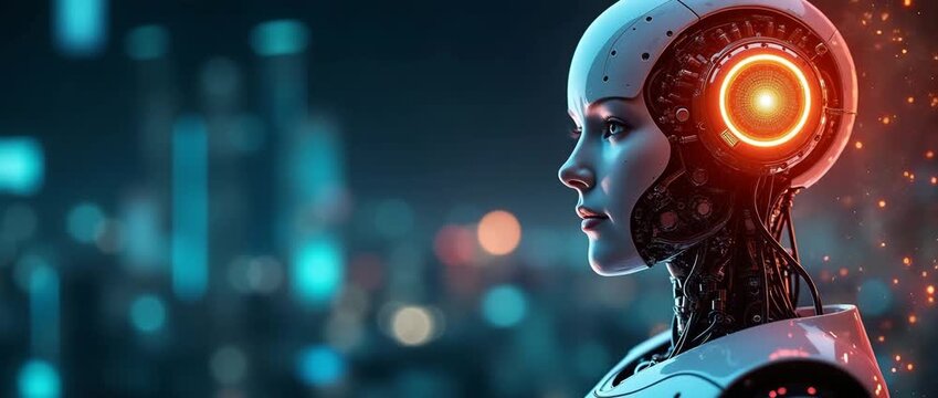 Futuristic humanoid robot with glowing eye moves slightly against a vibrant cityscape backdrop; camera slowly pans to reveal a dynamic, cinematic blend of technology and urban life.
