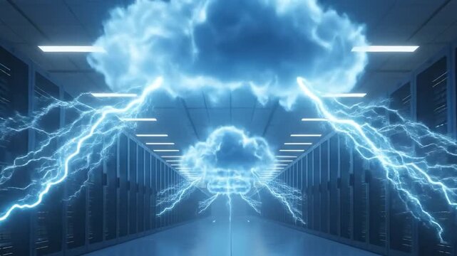 Data center servers extending toward infinite blue cloud storage.