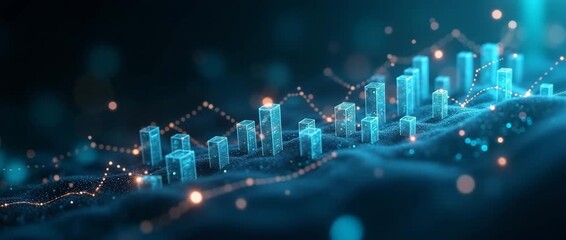 Futuristic data visualization cityscape with glowing 3D bar graphs pulsating rhythmically, as the camera slowly pans across the abstract digital landscape, in a cinematic, high-tech style. - Powered by Adobe