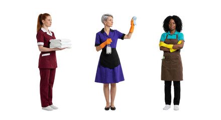 Fototapeta premium Diverse Team of Professional Cleaners and Hotel Staff on White Background