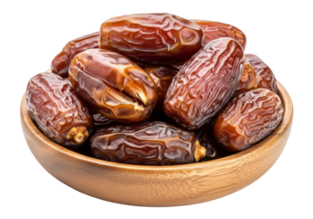 dried dates in wooden bowl, rich brown date fruit display