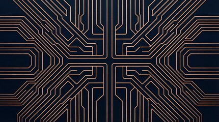Symmetric copper circuit board pattern on dark blue background