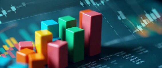 An imaginative portrayal of statistical data analysis, integrating vibrant toy blocks on charts in the background, facilitating understanding of business data processing with ample copy space. - Powered by Adobe