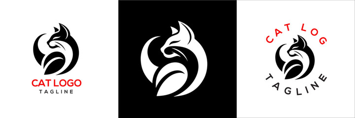 Modern abstract cat logo design set on black and white backgrounds, minimalist feline mascot emblem for branding identity use © Muhammad