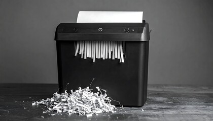 Black Paper Shredder Machine Destroying Documents with Shredded Paper Pile.