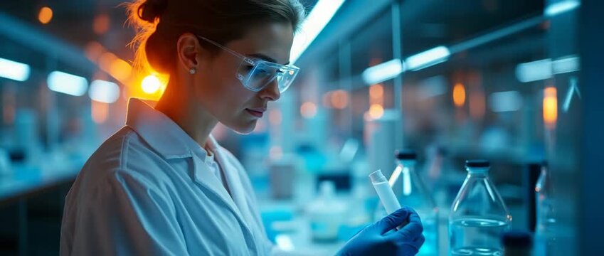 Scientist meticulously analyzes samples in a futuristic laboratory, as the camera slowly pans across the high-tech environment; ambient lights flicker gently, creating a cinematic atmosphere.