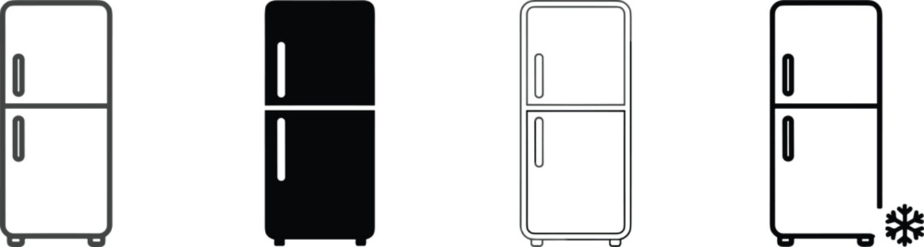 Refrigerator icon set featuring solid and linear fridge designs with snowflake symbol for kitchen appliances cooling and storage.