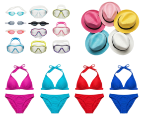 Summer Vacation Essentials: Swimwear, Goggles, and Hats Collection