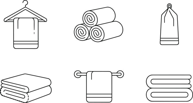 Towel icon set featuring hanging rolled and folded bathroom textiles for spa hotel hygiene bath and home laundry service.