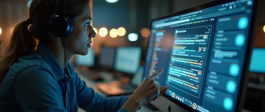 Focused woman in headphones interacts with a computer screen in a dimly-lit office; camera tracks slowly, ambient lights flicker gently, creating a cinematic, tech-driven atmosphere.
