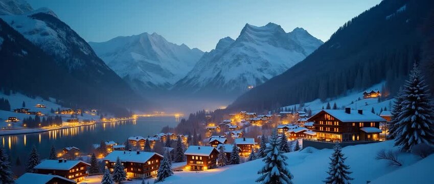 Panorama of Grindelwald enveloped in winter twilight, showcasing snow-covered mountains and illuminated chalets, emphasizing natural symmetry and beautiful copy space.