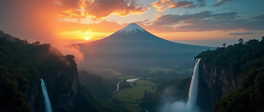 Majestic waterfall cascades gracefully as the camera gently pans across a serene landscape, revealing a stunning sunset over a distant mountain peak in this cinematic nature scene.