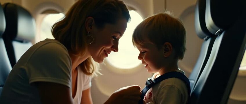 A devoted mother helps her child fasten his seatbelt for flight safety, depicting love and care in a serene cabin environment with a focus on close-up detail.