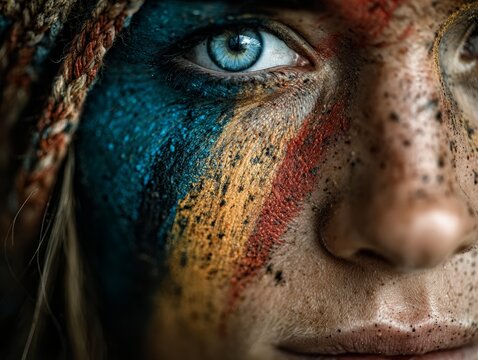 K&uuml;nstlerisches Portr&auml;t mit farbenfroher Gesichtsbemalung, intensivem Blick und ausdrucksstarker Identit&auml;t