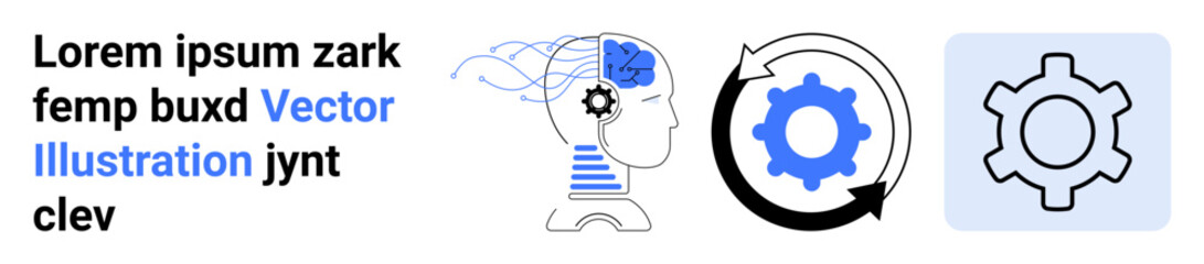 Head profile with gears in the brain connected to a process cycle and settings icon. Ideal for AI, automation, technology, innovation, brain function, process optimization, simple landing page