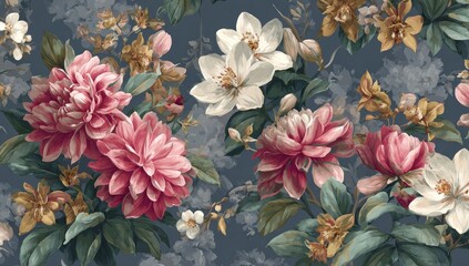 Floral pattern featuring large pink and white blooms, gold accents, and lush green foliage on a dark blue backdrop