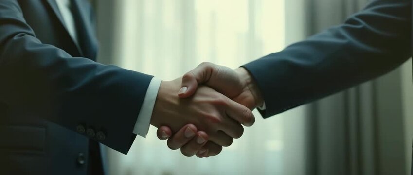 Two business professionals exchange a firm handshake in a sunlit office, camera slowly zooms in, curtains gently sway, cinematic focus on collaboration, trust, and agreement.
