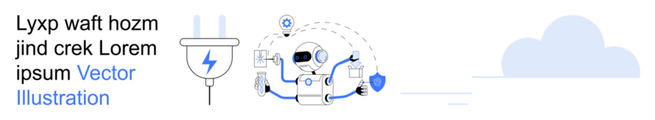 Artificial intelligence, automation, energy technology, IoT connectivity, future tech, cloud data. Robot with plug and digital elements. AI and energy technology concept