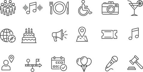 Set of 20 black line icons for events, parties, and gatherings including music, food, accessibility, and scheduling symbols