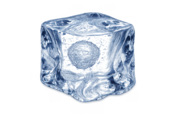 Ice cube showing frosty texture and trapped air bubble on transparent background, symbolizing coldness and refreshment