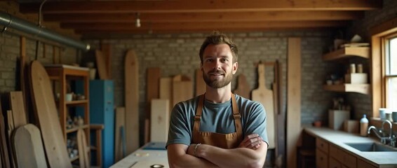 A proud carpentry workshop owner stands confidently beside custom wood furniture, showcasing craftsmanship and creativity, with space available for branding and promotional content.