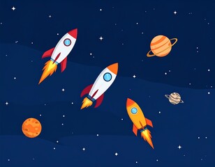 Naklejka premium Animated depiction of rockets and planets amidst a starry cosmic expanse