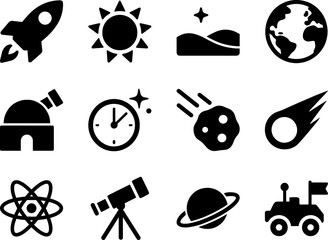 Minimalist Space and Astronomy Glyph Icons Collection Featuring Rocket Planet Telescope and Science Pictograms for Universe Themed Design Projects and Apps