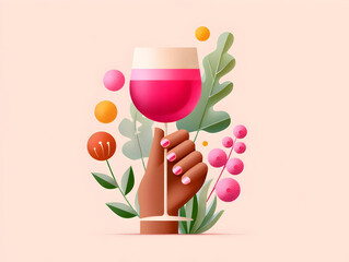 Minimalist illustration of a woman's hand with pink nail polish holding a glass of red wine against a light background, representing celebration, luxury, or a sophisticated lifestyle