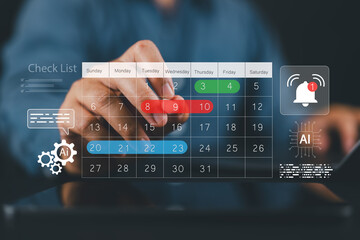 Businessman planning a schedule using a digital calendar with AI, representing smart scheduling, task automation, time management, project planning, and productivity enhancement tools.