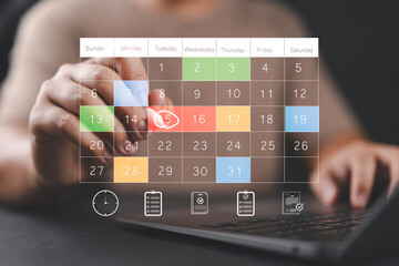 Hand interacting with a virtual calendar interface, symbolizing scheduling, time management, task planning, productivity, digital agendas, reminders, and project timelines.