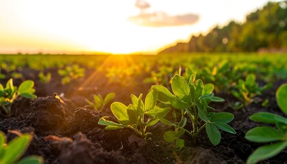 Young Peanut Plants Growing in a Field at Sunset.