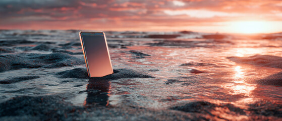 A smartphone stands vertically in wet sand on a beach, with a thin layer of seawater reflecting a vibrant sunset sky and colorful clouds