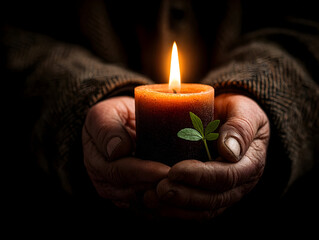 Tender hands nurturing fragile seedling near softly glowing candle, symbolizing growth, hope, and life's gentle emergence in darkness