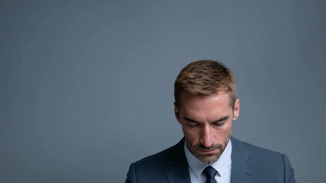 Determined businessman lifting concrete block symbolizing resilience, strength, and focus in minimalistic setting
