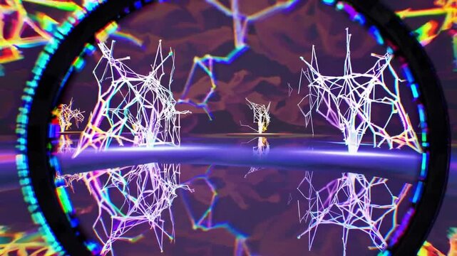 Neon neural web through magnifying lens, vibrant cyan magenta neurons reflected on glossy surface, circular lens rim with chromatic fringe, thin probe crossing center, slow rotational motion, glitchy