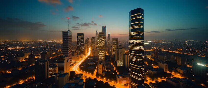 An elegant city skyline at dusk, subtly reflecting the availability of commercial loans for urban businesses. Ample copy space is integrated into the image.