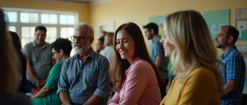 Friendly office meeting with professionals laughing and engaging, camera gently panning across the room, ambient background conversations, cinematic and warm lighting for a collaborative atmosphere.