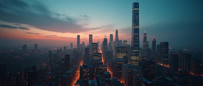 An elegant city skyline at dusk, subtly reflecting the availability of commercial loans for urban businesses. Ample copy space is integrated into the image.