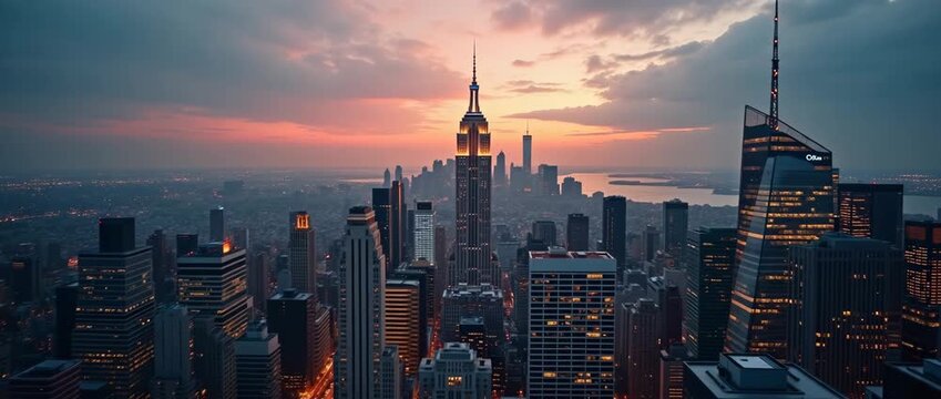 An elegant city skyline at dusk, subtly reflecting the availability of commercial loans for urban businesses. Ample copy space is integrated into the image.