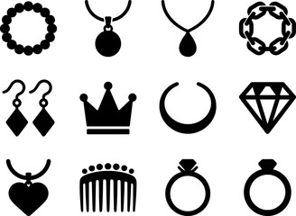 Premium Jewelry and Fashion Accessories Glyph Icon Set featuring Necklaces Rings Crowns and Diamonds for Ecommerce and Luxury Design Projects