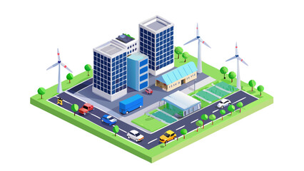 Isometric vector illustration of a futuristic smart city with green rooftop gardens, wind turbines, solar panels, and electric vehicles, flat design, clean lines.