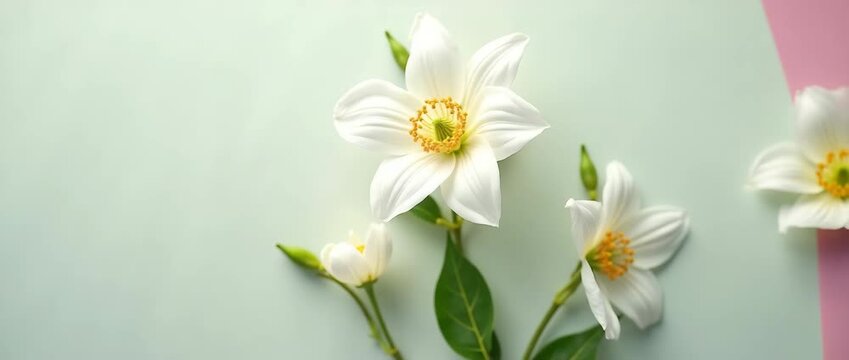Elegant white flowers gently sway in a soft breeze, captured in a slow cinematic pan against a serene pastel background, highlighting nature's beauty and tranquility.