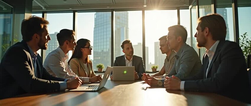 Business professionals engage in a dynamic boardroom meeting as the camera slowly pans, capturing sunlight filtering through windows in a cinematic style, highlighting teamwork and corporate collabora
