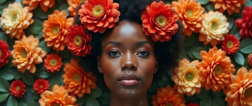 Vibrant floral portrait with gentle ambient motion, capturing a serene subject adorned with colorful blossoms; slow camera pan enhances the dreamy, cinematic atmosphere.