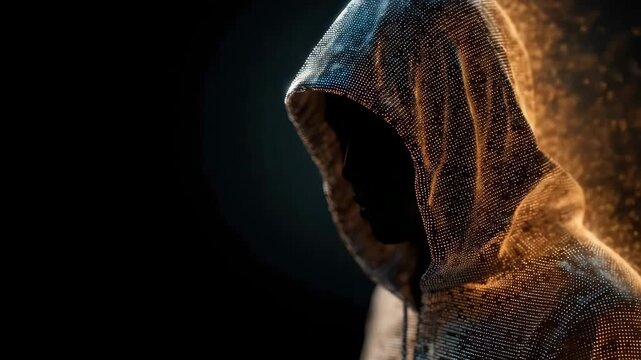 Hooded hacker made of glowing digital mesh working in cyberspace
