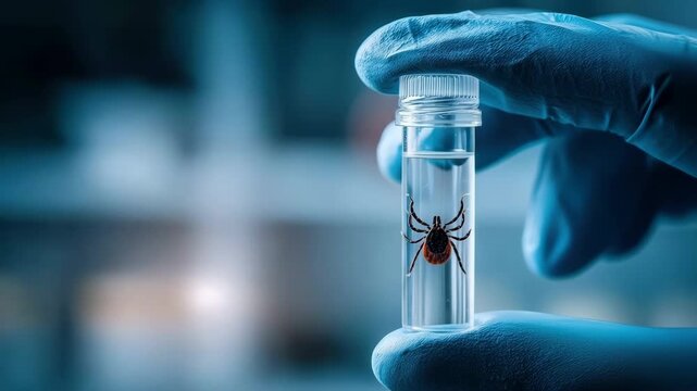 A gloved hand holds a vial with a tick for analysis of potential tick-borne diseases in a lab setting